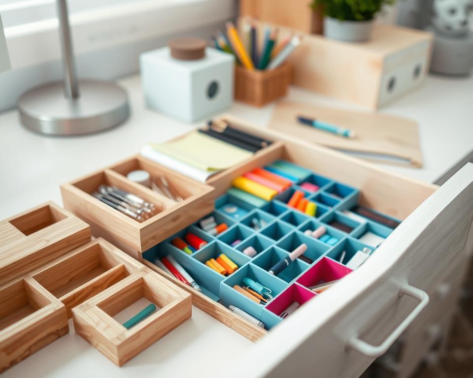 A beautifully arranged workspace featuring customizable drawer organizers. In the foreground, various DIY drawer organizers crafted from natural wood and vibrant colored dividers are neatly organized. The middle layer showcases a partially opened drawer with an array of these organizers, some filled with office supplies like pens, paperclips, and sticky notes, reflecting creativity and functionality. The background reveals a tastefully designed desk with soft, diffused lighting that highlights the textures of the materials, creating a warm and inviting atmosphere. The angle is slightly above eye level, capturing the depth of the drawer and the intricate details of the organizers. The mood is inspiring and creative, ideal for encouraging DIY project ideas.