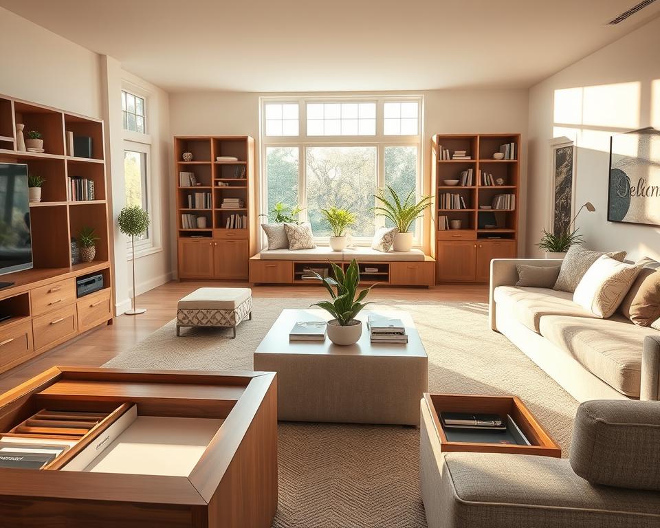 A beautifully organized living room featuring innovative hidden storage solutions. In the foreground, show elegant coffee tables with hidden compartments and stylish ottomans that double as storage. The middle ground highlights built-in bookshelves with discreet pull-out drawers and cushioned seats with storage underneath. Add touches of greenery with potted plants to enhance the room's liveliness. In the background, large windows fill the space with soft, natural light, casting warm shadows that create a cozy atmosphere. Use a wide-angle lens perspective to capture the entire scene. The overall mood should feel inviting and practical, showcasing the blend of aesthetics and functionality in a clutter-free living room design.