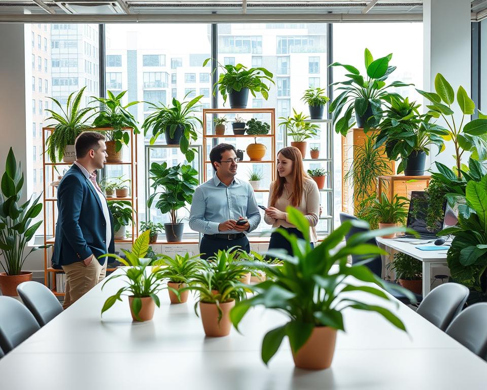A bright and modern office environment filled with lush indoor plants, such as pothos, snake plants, and peace lilies. In the foreground, a diverse group of three professionals, dressed in smart casual attire, are engaged in a dynamic discussion around a spacious table adorned with greenery. The middle of the scene focuses on various plants artistically arranged on shelves and desks, contributing to a productive atmosphere. The background features large windows allowing natural light to flood the space, enhancing the vibrant greens and creating soft shadows. The mood is energetic and collaborative, emphasizing how plants foster teamwork and creativity. Use warm, inviting lighting to create a welcoming ambiance. The perspective should be slightly angled to capture the depth of the space and the interaction among team members.