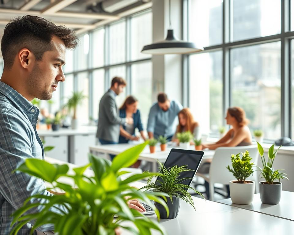 A bright and modern office space featuring several lush green plants strategically positioned on desks and windowsills, enhancing the productivity of the environment. In the foreground, a professional man in smart casual attire is focused on his laptop, with a vibrant potted plant beside him, symbolizing concentration and creativity. In the middle, a diverse group of coworkers are collaborating around a large table adorned with smaller plants, highlighting teamwork and inspiration. The background showcases floor-to-ceiling windows allowing natural light to flood the space, creating a warm and inviting atmosphere. The overall mood is energetic and motivating, with a soft focus on the greenery that adds life to the workspace. The scene is captured from an eye-level angle with bright, natural lighting to emphasize the positive impact of plants on productivity.