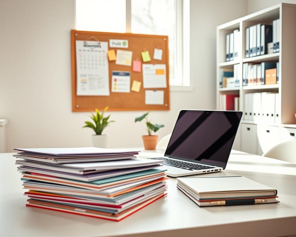 A bright and organized home office scene illustrating effective document organization tips. In the foreground, a sleek, modern desk with a neat stack of organized files and colorful folders. An open laptop displays digital tools like note-taking apps. In the middle, a pinboard with reminders, sticky notes, and a calendar displaying deadlines. A potted plant adds a touch of greenery, enhancing the workspace ambiance. In the background, soft natural light filters through a window, creating a warm and inviting atmosphere. The room has minimalistic decor, with a tidy bookshelf filled with neatly arranged books and binders. Capture this scene from a slightly elevated angle to emphasize the organization while maintaining a professional, productivity-focused mood.