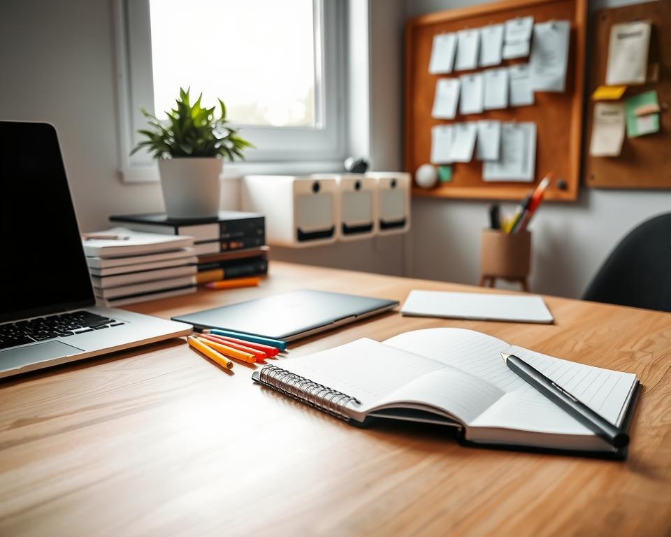A clean and organized workspace, featuring a modern wooden desk with neatly stacked books, a laptop, and a potted plant. In the foreground, a stylish planner lies open, with colorful pens arranged beside it, emphasizing productivity. The middle ground shows a small shelf with labeled storage boxes, keeping supplies tidy, and a corkboard with organized notes and reminders pinned. The background reveals a bright window letting in soft natural light, creating a warm and inviting atmosphere. The scene is captured from a slightly elevated angle, highlighting the overall orderliness. Soft shadows enhance depth, and the mood is serene and motivating, perfect for inspiring organization and routine in a professional setting. A clean and organized workspace, featuring a modern wooden desk with neatly stacked books, a laptop, and a potted plant. In the foreground, a stylish planner lies open, with colorful pens arranged beside it, emphasizing productivity. The middle ground shows a small shelf with labeled storage boxes, keeping supplies tidy, and a corkboard with organized notes and reminders pinned. The background reveals a bright window letting in soft natural light, creating a warm and inviting atmosphere. The scene is captured from a slightly elevated angle, highlighting the overall orderliness. Soft shadows enhance depth, and the mood is serene and motivating, perfect for inspiring organization and routine in a professional setting.