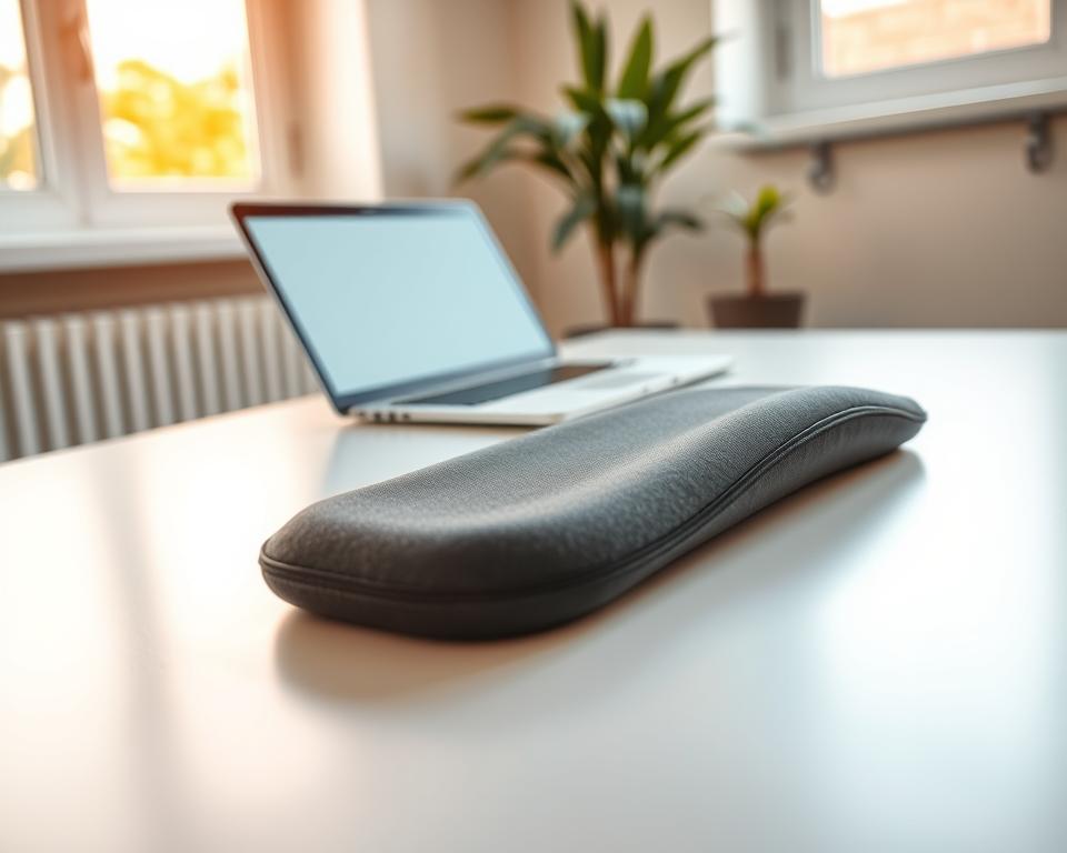 A close-up view of an ergonomic wrist rest positioned on a sleek, modern desk. The foreground features the wrist rest made from soft, high-quality materials in a dark color, showcasing its padded surface and subtle contours designed to support the wrist comfortably. In the middle ground, a laptop with a clean screen is open, indicating an active work environment. The background features a softly lit room with warm, natural light streaming in from a nearby window, casting gentle shadows. A plant sits in the background, adding a touch of vibrancy and life to the space. The overall mood is calm and focused, emphasizing productivity and comfort in a professional setting.