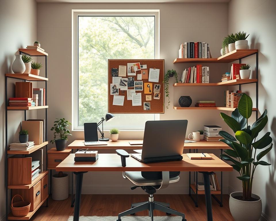 A compact and stylish small office space designed for efficiency and aesthetics. In the foreground, a sleek wooden desk with a modern ergonomic chair, topped with neatly arranged stationery and a laptop. The middle ground features floating shelves adorned with books, plants, and decorative items that draw the eye upward, maximizing vertical space. A pinboard is mounted above the desk, displaying colorful notes and sketches. In the background, a large window allows natural light to spill into the room, enhancing a fresh and inspiring atmosphere. Soft, natural tones create a calm and productive vibe, while a potted plant in the corner adds a touch of greenery. Use a warm, inviting light with a slight lens blurring effect to emphasize depth and create a cozy mood. A compact and stylish small office space designed for efficiency and aesthetics. In the foreground, a sleek wooden desk with a modern ergonomic chair, topped with neatly arranged stationery and a laptop. The middle ground features floating shelves adorned with books, plants, and decorative items that draw the eye upward, maximizing vertical space. A pinboard is mounted above the desk, displaying colorful notes and sketches. In the background, a large window allows natural light to spill into the room, enhancing a fresh and inspiring atmosphere. Soft, natural tones create a calm and productive vibe, while a potted plant in the corner adds a touch of greenery. Use a warm, inviting light with a slight lens blurring effect to emphasize depth and create a cozy mood.
