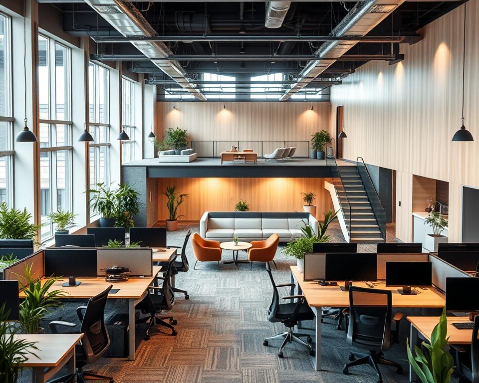A contemporary office floor plan featuring an open workspace designed to maximize productivity and comfort. In the foreground, stylish workstations with sleek desks, ergonomic chairs, and greenery, creating a welcoming atmosphere. The middle layer reveals a collaborative space with modern meeting tables, comfortable sofas, and light wood paneling. Ample natural light streams through large windows, illuminating the space. Background elements include a peaceful break area with a coffee station and potted plants, enhancing employee well-being. The scene is captured from a slightly elevated angle, conveying a sense of flow and openness. The mood is inviting and professional, using warm lighting to emphasize a productive environment.