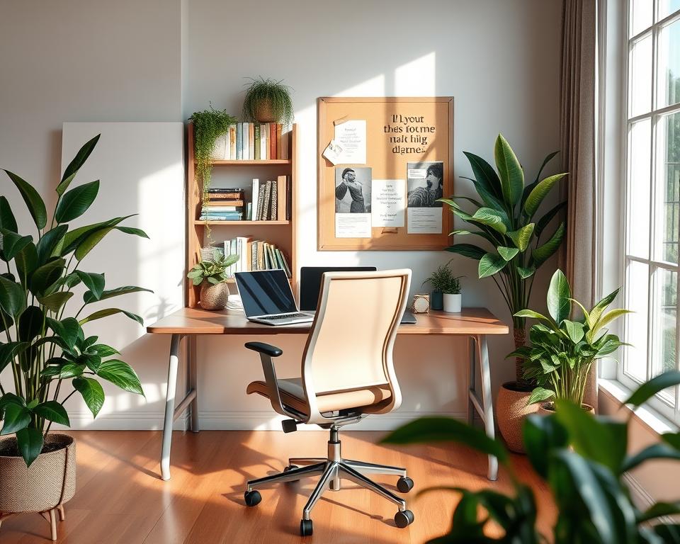A cozy and stylish home office, featuring a sleek desk with a laptop, surrounded by lush indoor plants. In the foreground, a comfortable ergonomic chair, elegantly designed with neutral-toned upholstery. The middle layer showcases a well-organized bookshelf filled with books and decorative items, paired with a bulletin board adorned with inspiring quotes and images. The background includes a large window letting in soft, natural light, casting gentle shadows across the room. Warm wood flooring complements the aesthetic, while a subtle, calming color palette of soft blues and greens adds a serene atmosphere. The mood is inviting and focused, ideal for remote work, embodying a personalized touch with tasteful decorations.