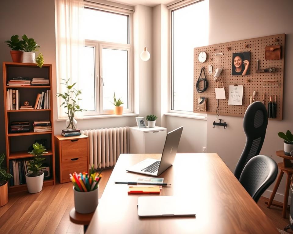 A cozy, efficient workspace in a stylish studio apartment office. In the foreground, a sleek wooden desk is arranged neatly with a laptop, a potted plant, and colorful stationery. A comfortable ergonomic chair is placed at the desk. The middle ground features a small bookshelf with neatly organized books and decorative items, while a wall-mounted pegboard holds various office supplies and artwork, adding a personal touch. In the background, a large window lets in warm, natural light that bathes the room in a soft glow, highlighting the minimalist decor. The atmosphere is inviting and productive, perfect for a creative workday. The angle captures a spacious yet intimate feel, emphasizing the smart use of small space design. A cozy, efficient workspace in a stylish studio apartment office. In the foreground, a sleek wooden desk is arranged neatly with a laptop, a potted plant, and colorful stationery. A comfortable ergonomic chair is placed at the desk. The middle ground features a small bookshelf with neatly organized books and decorative items, while a wall-mounted pegboard holds various office supplies and artwork, adding a personal touch. In the background, a large window lets in warm, natural light that bathes the room in a soft glow, highlighting the minimalist decor. The atmosphere is inviting and productive, perfect for a creative workday. The angle captures a spacious yet intimate feel, emphasizing the smart use of small space design.