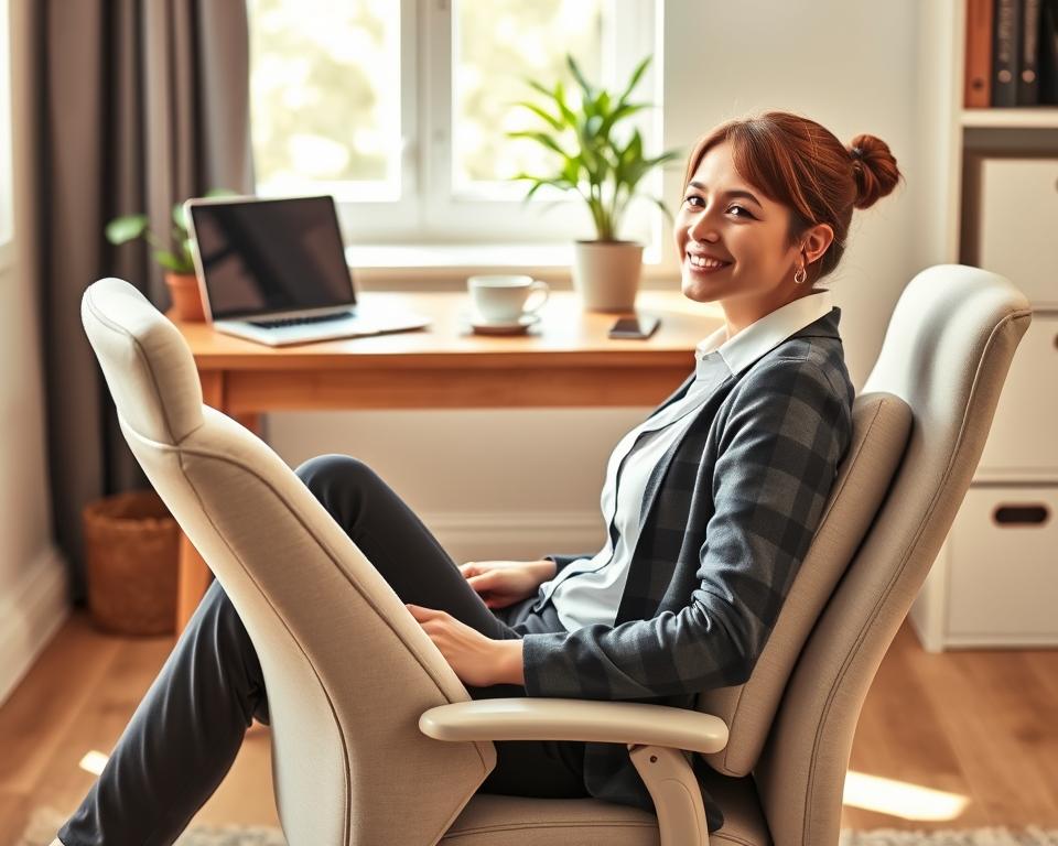 A cozy home office setting featuring a light-colored ergonomic chair with a plush lumbar support pillow placed strategically against the backrest. In the foreground, a relaxed individual dressed in professional business attire is sitting upright, embodying comfort and proper posture, with a slight smile on their face. The middle background displays a wooden desk adorned with a laptop, a steaming mug of herbal tea, and a potted plant for a touch of greenery. Soft, natural light floods the room from a nearby window, casting gentle shadows and enhancing the inviting atmosphere. The overall mood is serene and focused, illustrating the benefits of lumbar support in a home environment, promoting relaxation and productivity.