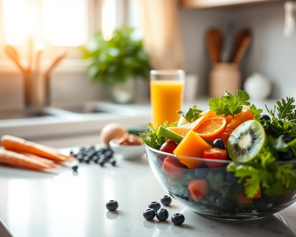 A cozy kitchen countertop scene showcasing nutritious foods known for eye health, such as vibrant carrots, leafy greens, and blueberries. In the foreground, a bowl of colorful mixed fruits, including oranges and kiwi slices, arranged attractively. The middle features a glass of freshly squeezed orange juice and a small dish of almonds, symbolizing a balanced diet. In the background, a softly lit window with sunlight filtering through sheer curtains, creating a warm and inviting atmosphere. The scene is captured with a shallow depth of field, emphasizing the foreground elements while maintaining a blurred view of the background. The overall mood is calm and uplifting, reflecting the theme of healthy habits for eye protection.