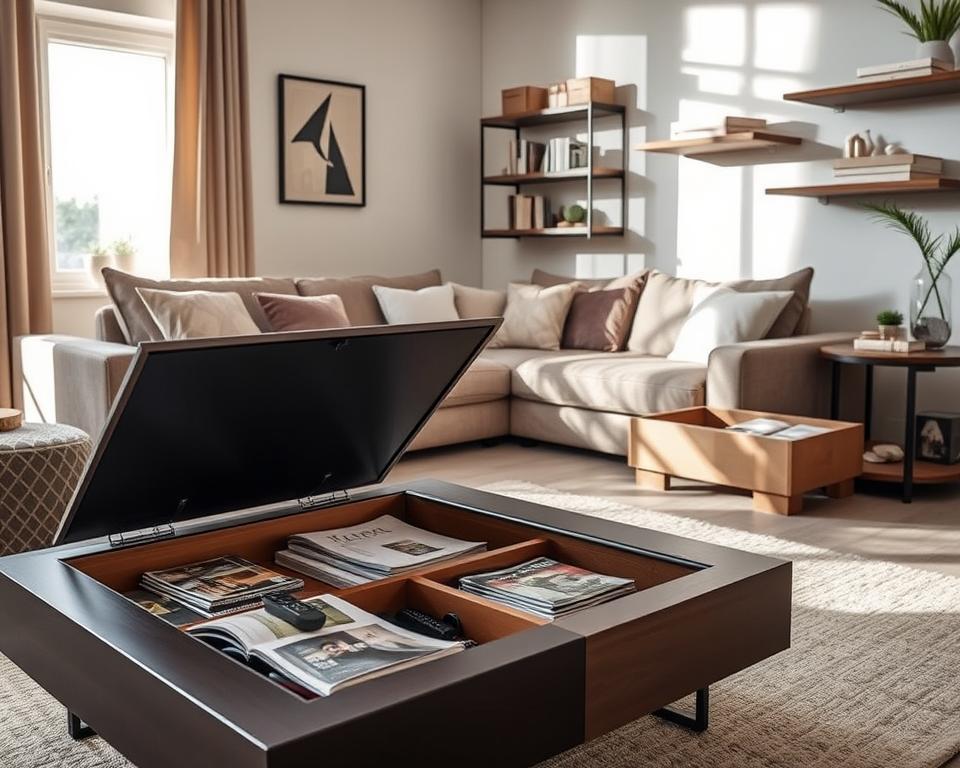 A cozy, modern home interior featuring various hidden storage solutions creatively integrated into everyday items. In the foreground, a stylish coffee table opens to reveal a neatly organized storage compartment for magazines and remote controls. In the middle ground, a plush sofa with built-in storage under its cushions, showcasing neatly tucked away blankets and throw pillows. A side table with pull-out drawers displays artfully arranged books. The background features a tastefully decorated wall with floating shelves holding decorative boxes that conceal items. Soft, natural light streams through a nearby window, casting gentle shadows, creating a warm and inviting atmosphere. The scene captures a clutter-free aesthetic, emphasizing functionality without sacrificing style.