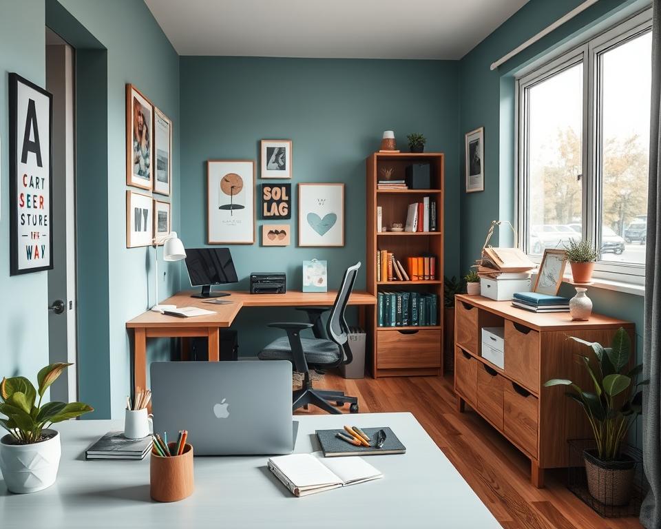 A cozy small office space featuring a harmonious color scheme with soothing shades of teal, soft gray, and warm wood tones. In the foreground, a neatly arranged desk is adorned with stylish stationery, a small potted plant, and a sleek laptop. The middle ground showcases a comfortable ergonomic chair and an open shelving unit with colorful books and decorative items that inspire creativity. In the background, a large window allows natural light to flood the room, highlighting a gallery wall with inspiring art pieces. The atmosphere is tranquil and inviting, encouraging productivity and focus, captured at eye level with soft, diffused lighting to create a warm, welcoming glow.