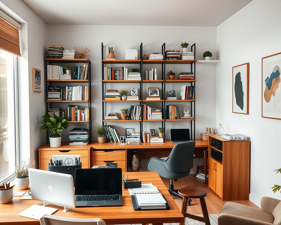 A cozy small office space, showcasing effective storage solutions. In the foreground, a stylish wooden desk cluttered with organized office supplies, a minimalistic laptop, and a potted plant. The middle ground features smart shelving units mounted on the walls, filled with neatly arranged books, files, and decorative items, creating a vibrant yet professional atmosphere. The background includes a large window with natural light pouring in, illuminating the space and casting soft shadows. The room is decorated with light-colored walls and a comfortable chair, and a few abstract art pieces hang for inspiration. The mood is productive and inviting, captured with a slight top-down angle to emphasize the organization and functionality of the office space.