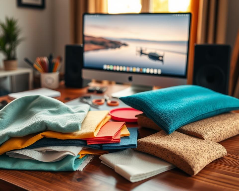 A cozy workspace scene featuring an array of DIY wrist rest materials thoughtfully arranged on a wooden desk. In the foreground, there are soft fabrics like velvet and cotton, colorful foam pieces, and natural materials like cork and wood, showcasing their textures. The middle layer includes a hand-tool kit with scissors, glue, and measuring tape, suggesting an ongoing DIY project. In the background, a softly blurred computer monitor displays a serene desktop wallpaper, emphasizing a comfortable working environment. The room is lit by warm, natural light streaming through a nearby window, creating a calm and inviting atmosphere. The overall mood is inspiring and creative, inviting viewers to explore ergonomic solutions for increased comfort and productivity.
