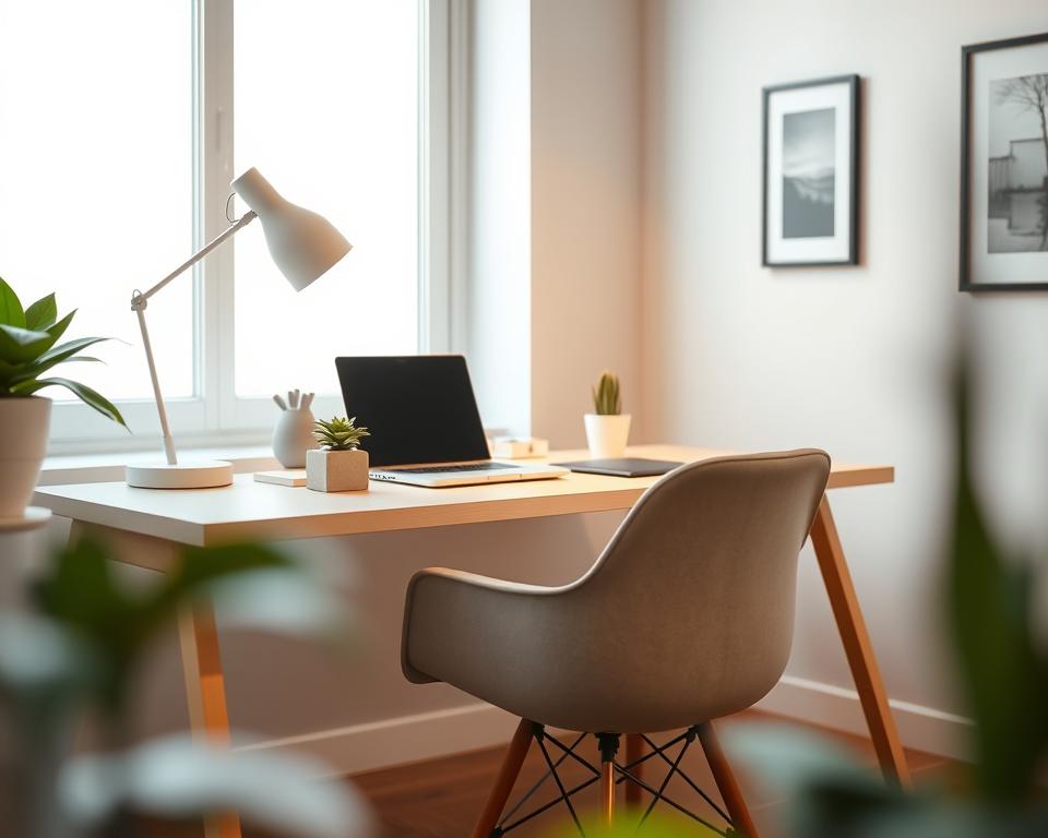 A minimalist office setup featuring a clean, organized desk with a sleek laptop, a few strategically placed succulents, and a stylish desk lamp. In the foreground, include a neutral-colored chair, emphasizing comfort and simplicity. The middle ground showcases a large window allowing soft, natural light to stream in, illuminating the workspace and creating a bright atmosphere. In the background, subtle wall decor includes a single art piece or a framed photo in calming colors, enhancing the minimalist vibe without overwhelming the space. The scene should evoke a sense of tranquility and focus, with a soft depth of field to bring attention to the desk setup. Use warm lighting for a cozy feel while ensuring everything is impeccably arranged.