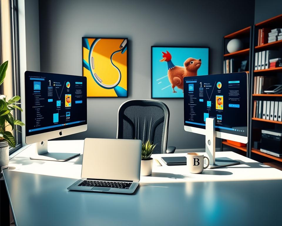 A modern digital workspace featuring a sleek, organized desk with multiple high-resolution monitors displaying various productivity applications. The foreground includes a stylish laptop surrounded by a minimalistic potted plant and a designer coffee mug. In the middle, an ergonomic chair adds to the comfortable environment. Natural light streams through a large window, casting soft shadows and creating a warm, inviting atmosphere. The background showcases bright, inspiring artwork on the wall, and a bookshelf filled with well-organized files and tech gadgets, reflecting an efficient and motivating workspace. The mood is professional, yet relaxed, promoting focus and creativity in a visually appealing setting.