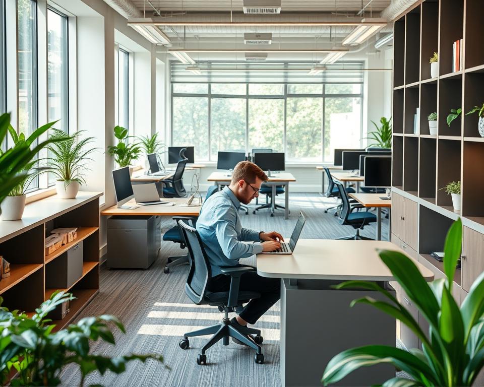 A modern, efficient office layout designed to maximize a small space, featuring a sleek desk with built-in shelves, ergonomic chairs, and collaborative workstations. The foreground shows a professional individual in business attire sitting at the desk, focused on a laptop, surrounded by greenery for a refreshing atmosphere. In the middle ground, there are modular furniture pieces that can be easily reconfigured, promoting teamwork, with bright, integrated lighting that enhances productivity. The background showcases large windows that allow natural light to flood the room, accentuating the minimalist decor. The mood is bright and inviting, with a sense of order and creativity, ideal for fostering productivity in a compact environment.