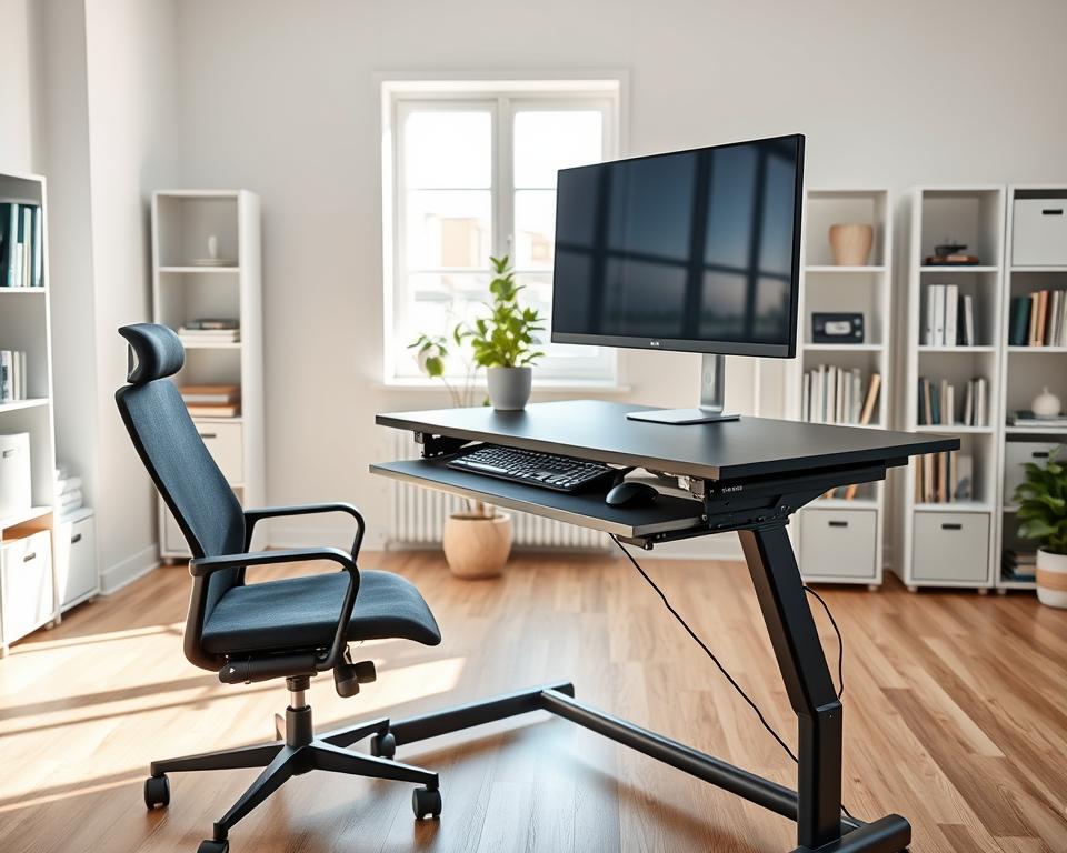 A modern ergonomic adjustable desk setup in a bright, spacious home office. In the foreground, a sleek standing desk with a smooth black surface, height adjustable, showcasing a dual-monitor display, an ergonomic keyboard, and a comfortable mouse. A stylish swivel chair sits nearby, designed for long hours of comfort. In the middle, a potted plant adds a touch of nature, while a window allows natural light to flood the room, casting soft shadows. In the background, minimalist shelves hold organized books and office supplies. The overall atmosphere is inviting and productive, captured with a wide-angle lens for an expansive view, and soft, diffused lighting to create a warm and motivating workspace. No humans are present.
