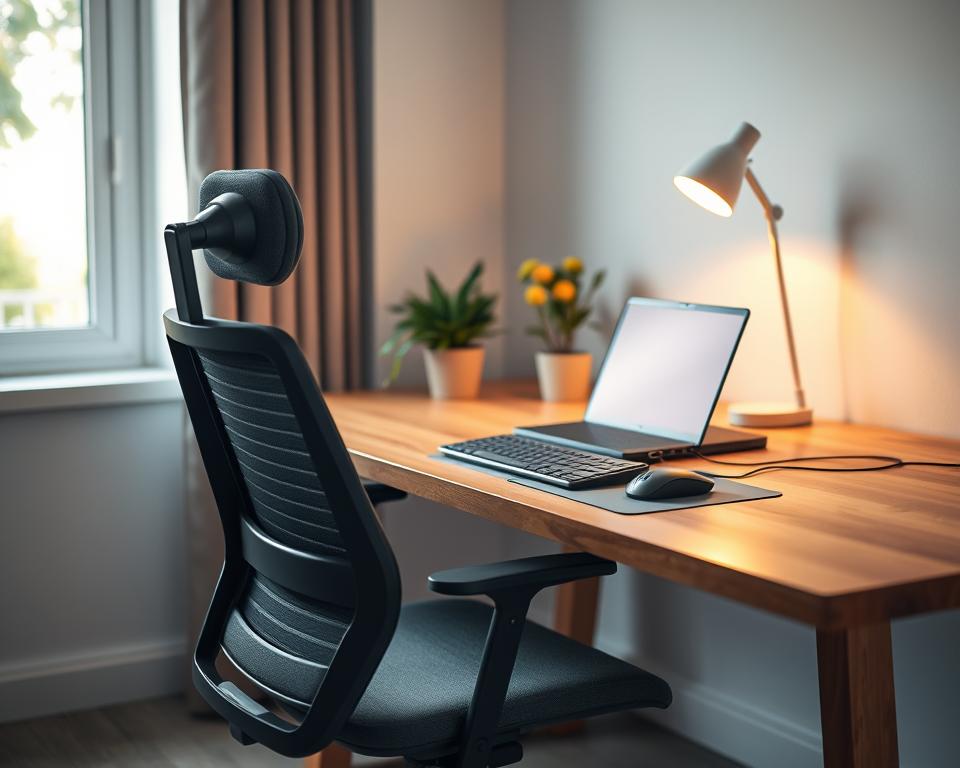 A modern ergonomic workspace featuring a sleek wooden desk with minimalistic design. In the foreground, a comfortable, adjustable office chair stands next to the desk, with a neatly arranged setup including a laptop on a stand, a wireless keyboard, and a mouse, all situated on an organized, cord-free surface. The middle layer includes a potted plant and a small lamp providing warm, ambient lighting. The background showcases a window with soft natural light flooding in, revealing a serene view of greenery outside. The atmosphere is calm and productive, reflecting a professional and tidy environment, perfect for focus and creativity. The scene conveys a sense of balance between functionality and aesthetics, ensuring a visually appealing and efficient workspace.
