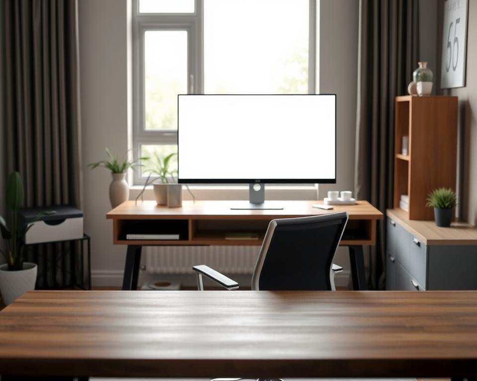 A modern ergonomic workspace featuring an optimal monitor placement. In the foreground, a sleek wooden desk holds a stylish monitor positioned at eye level, with a comfortable office chair neatly positioned in front. In the middle ground, soft natural light filters through a nearby window, illuminating the setup and creating a calm atmosphere. The monitor displays a clear, bright interface, emphasizing the right angle for viewing. In the background, minimalist decor such as plants and a minimalist bookshelf adds a touch of serenity. The room exudes professionalism and comfort, showcasing a perfect balance for working efficiency. The scene is captured from a slightly elevated angle to emphasize the monitor's placement, highlighting its role in promoting ergonomic comfort.