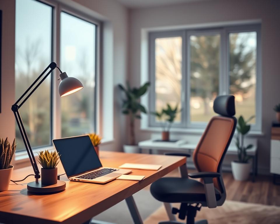 A modern home office space designed for optimal ergonomic lighting. In the foreground, a sleek, adjustable desk lamp casts a warm, diffused light over a contemporary wooden desk featuring a laptop, notepad, and a potted plant. The middle ground showcases a comfortable ergonomic chair, positioned to take full advantage of the lighting. Large windows in the background allow natural daylight to filter in, creating a harmonious blend of artificial and natural light. The room is softly decorated with neutral colors, promoting a calm and focused atmosphere. The scene has a professional yet inviting mood, ideal for productivity. Use a soft focus lens effect to enhance warmth, capturing the essence of an ideal work environment.