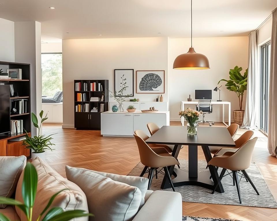 A modern interior showcasing innovative room zoning ideas in a stylish home. In the foreground, a cozy living area is separated from the dining space by a stylish bookshelf and plants, creating a natural flow. In the middle ground, a sleek, minimalist dining table is set elegantly under warm pendant lighting, surrounded by comfortable chairs. The background features a soft transition to a well-defined workspace with a minimalist desk and ergonomic chair, illuminated by natural light streaming through large windows. The overall atmosphere is inviting and functional, enhancing the harmony between different zones. Use a wide-angle lens to capture the entire scene with bright, soft lighting that conveys a warm, welcoming mood.