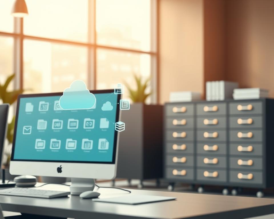 A modern office environment showcasing electronic document storage solutions. In the foreground, a sleek, organized workspace features a high-tech computer with multiple digital files displayed on the screen. Surrounding the setup are cloud storage icons and folders, symbolizing efficient digital organization. The middle ground contains a stylish filing cabinet with illuminated drawers, emphasizing easy access to digital documents. In the background, a large window lets in soft, natural light, creating a warm and inviting atmosphere. The mood is professional and efficient, reflecting best practices for digital document storage. The scene is captured with a shallow depth of field, focusing on the workspace while gently blurring the background, enhancing the sense of organization and clarity. A modern office environment showcasing electronic document storage solutions. In the foreground, a sleek, organized workspace features a high-tech computer with multiple digital files displayed on the screen. Surrounding the setup are cloud storage icons and folders, symbolizing efficient digital organization. The middle ground contains a stylish filing cabinet with illuminated drawers, emphasizing easy access to digital documents. In the background, a large window lets in soft, natural light, creating a warm and inviting atmosphere. The mood is professional and efficient, reflecting best practices for digital document storage. The scene is captured with a shallow depth of field, focusing on the workspace while gently blurring the background, enhancing the sense of organization and clarity.