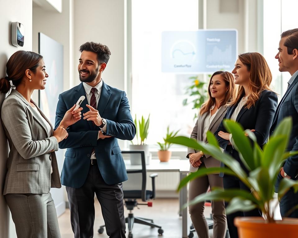A modern office environment showcasing temperature regulation discussions. In the foreground, a diverse group of four professionals, dressed in smart business attire, are engaged in a focused conversation. One person is holding a digital thermometer, while another points at a wall-mounted thermostat. In the middle, a large window lets in natural light, illuminating a comfortable workspace with ergonomic desks and adjustable chairs. Potted plants are strategically placed, enhancing the atmosphere of wellbeing. In the background, a sleek digital display with temperature graphs and comfort tips is visible. The lighting is bright and cheerful, creating an inviting and collaborative mood that encourages open communication. The composition is balanced, capturing the essence of teamwork and workplace comfort discussions.