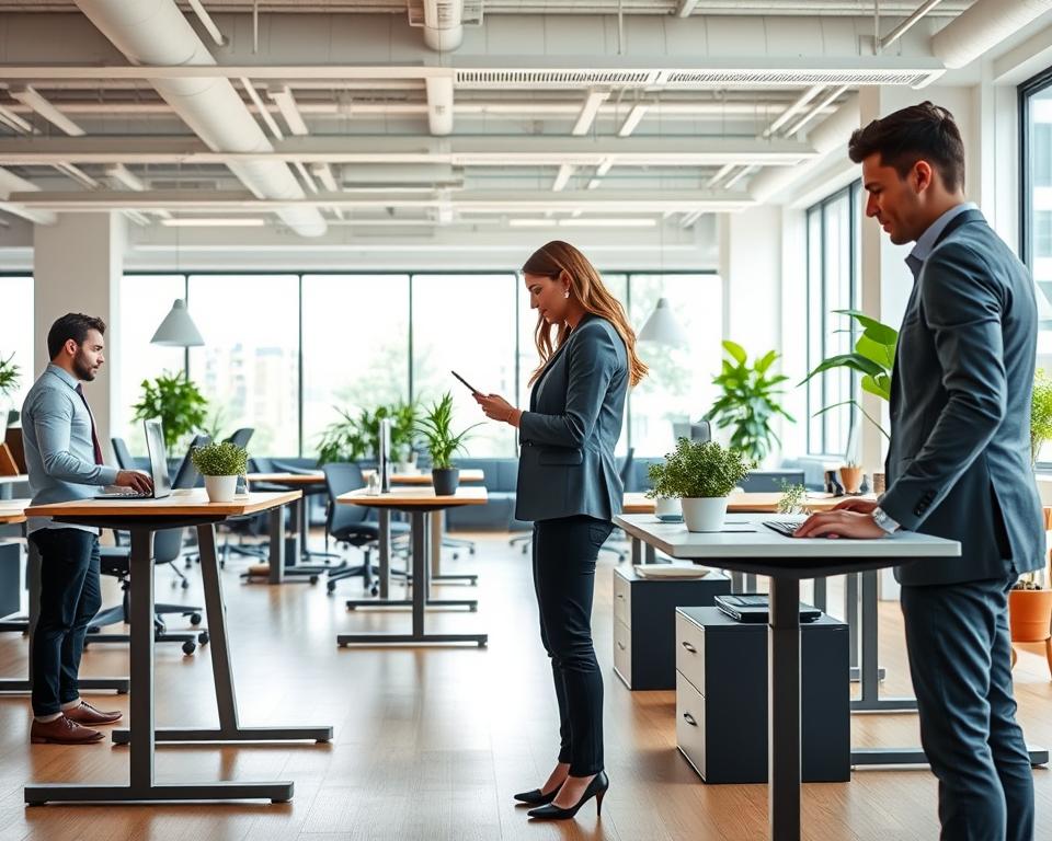 A modern office environment showcasing the benefits of standing desks for office workers. In the foreground, a diverse group of three professionals, two men and one woman, dressed in professional business attire, are engaged in work while using stylish standing desks. The middle layer features various ergonomic desk setups, with plants and motivational decor, highlighting a vibrant and lively workplace. In the background, a bright, spacious office with large windows allows natural light to flood in, creating a warm and inviting atmosphere. The lighting is soft and well-distributed. The angle captures the scene from slightly above eye level, providing a comprehensive view of the dynamic workspace. The overall mood conveys productivity, health, and a positive work-life balance. A modern office environment showcasing the benefits of standing desks for office workers. In the foreground, a diverse group of three professionals, two men and one woman, dressed in professional business attire, are engaged in work while using stylish standing desks. The middle layer features various ergonomic desk setups, with plants and motivational decor, highlighting a vibrant and lively workplace. In the background, a bright, spacious office with large windows allows natural light to flood in, creating a warm and inviting atmosphere. The lighting is soft and well-distributed. The angle captures the scene from slightly above eye level, providing a comprehensive view of the dynamic workspace. The overall mood conveys productivity, health, and a positive work-life balance.