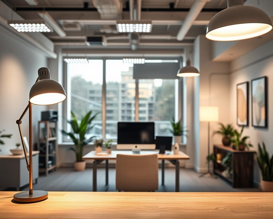 A modern office lighting setup showcasing a balanced arrangement of desk lamps, overhead lighting, and natural light. In the foreground, a sleek wooden desk with a stylish desk lamp casting a warm glow. In the middle, a well-lit workspace featuring a computer setup, plants, and a calendar, all brilliantly illuminated by a combination of soft LED ceiling lights and large windows allowing in daylight. The background reveals light-colored walls with minimalistic art, enhancing the contemporary vibe. The atmosphere is inviting and productive, emphasizing clarity and organization. Capture this scene from a slightly elevated angle to highlight the layout and lighting effects. Ideal for a professional office space, evoking a sense of focus and creativity.