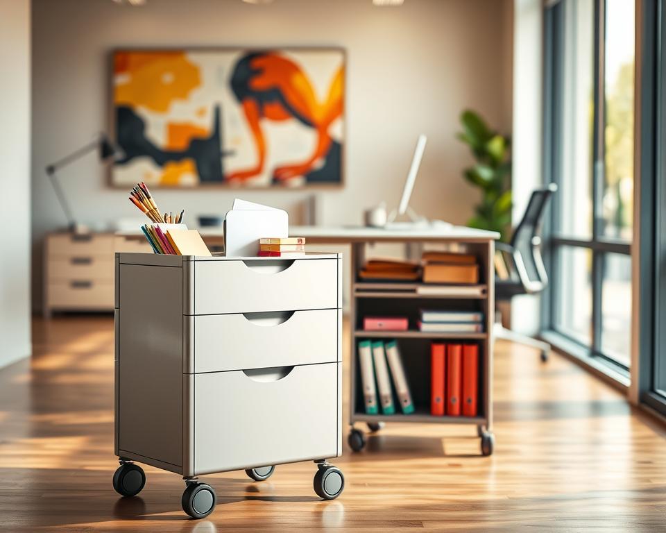 A modern office setting featuring a stylish, mobile storage cart, filled with colorful office supplies like notebooks, pens, and files. The cart is positioned in the foreground, showcasing its sleek design and functionality. In the middle ground, a well-organized workspace with a stylish desk and ergonomic chair, illuminated by warm, natural light streaming through a window. In the background, abstract wall art adds a touch of creativity to the space. The atmosphere is bright and inspiring, promoting productivity and creativity. The scene is captured from a slightly elevated angle to emphasize the cart's mobility and storage capabilities while maintaining a clean and professional aesthetic. No people are present, ensuring a focus on the storage solution.