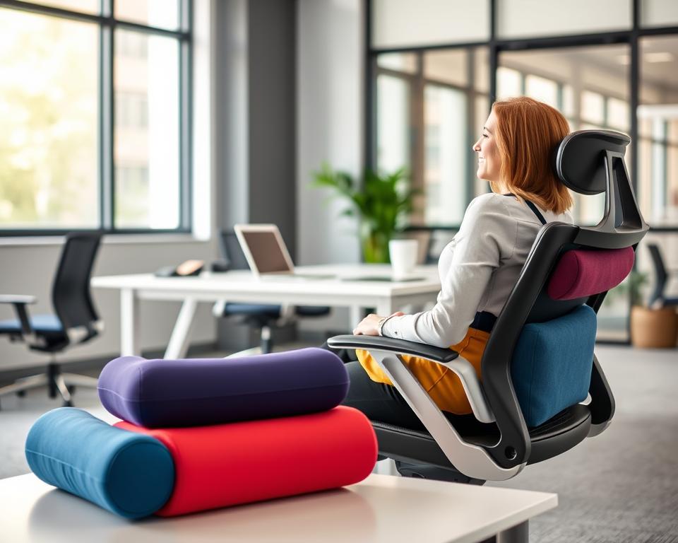A modern office setting showcasing the benefits of lumbar roll cushions. In the foreground, a stylish ergonomic chair with vibrant lumbar support pillows in various colors prominently displayed. A relaxed professional, dressed in smart casual attire, sits comfortably, demonstrating the proper use of the lumbar roll. The middle ground features a sleek desk with a laptop and ergonomic accessories. In the background, large windows allow natural light to flow in, creating a warm, inviting atmosphere. The perspective captures a slightly elevated angle, emphasizing the lumbar support's functionality while projecting a sense of ease and productivity. The lighting is soft and diffused, enhancing the cozy yet professional ambiance, highlighting the importance of comfort in the workplace.