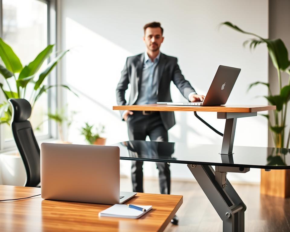 A modern standing desk in a bright, professional office setting, featuring a sleek design with an adjustable height mechanism. The desk is made of polished wood with a glass surface, complemented by an ergonomic chair pushed aside. In the foreground, a laptop rests on the desk alongside a notepad and ergonomic keyboard, emphasizing comfort and productivity. In the middle ground, a confident individual wearing smart casual attire adjusts the desk height, showcasing dynamic posture and engagement. The background includes a large window with natural light streaming in, illuminating the space and creating a warm atmosphere. Soft focus on indoor plants enhances the mood, promoting a sense of well-being and ergonomic comfort in the workspace. A modern standing desk in a bright, professional office setting, featuring a sleek design with an adjustable height mechanism. The desk is made of polished wood with a glass surface, complemented by an ergonomic chair pushed aside. In the foreground, a laptop rests on the desk alongside a notepad and ergonomic keyboard, emphasizing comfort and productivity. In the middle ground, a confident individual wearing smart casual attire adjusts the desk height, showcasing dynamic posture and engagement. The background includes a large window with natural light streaming in, illuminating the space and creating a warm atmosphere. Soft focus on indoor plants enhances the mood, promoting a sense of well-being and ergonomic comfort in the workspace.