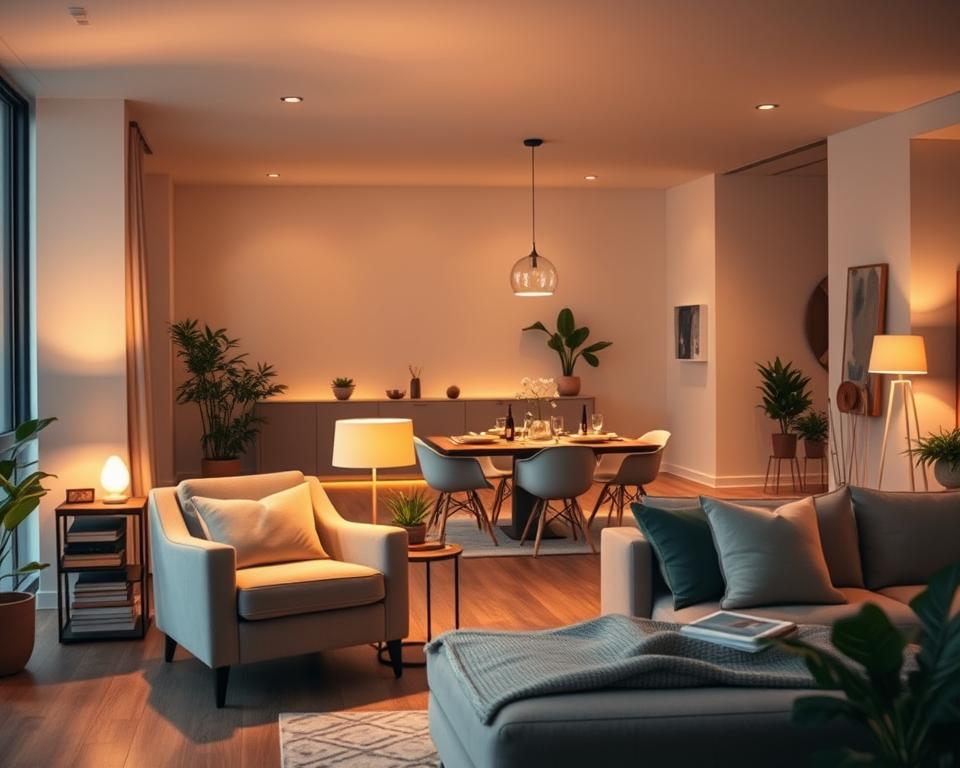 A modern, stylish living room showcasing innovative zoning through effective lighting. In the foreground, a cozy reading nook with a plush armchair and a small bookshelf illuminated by a warm table lamp, creating an inviting atmosphere. In the middle, a sleek dining area with a contemporary table set for dinner, highlighted by pendant lights casting a soft glow. The background features an open space with a minimalist office corner, softly lit by a floor lamp, surrounded by indoor plants. The entire scene is bathed in warm, ambient lighting, emphasizing the versatility of space. Shot from a slightly elevated angle to capture the different zones, conveying a harmonious and tranquil mood that inspires creativity and relaxation.