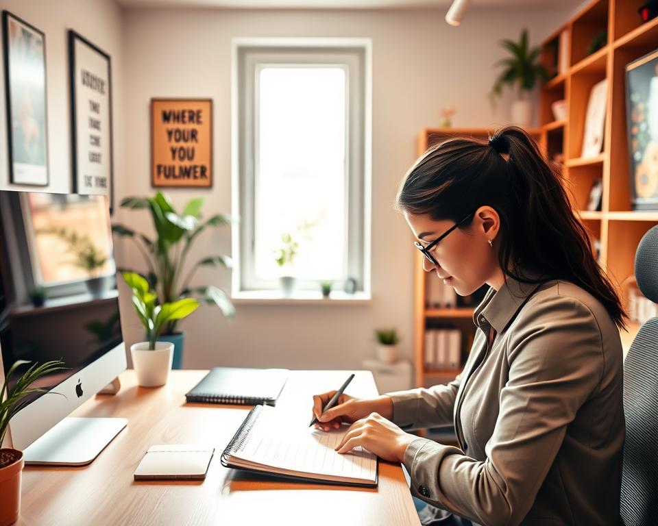 A modern workspace designed for productivity improvement, featuring an ergonomic desk setup with a sleek computer, notebooks, and a potted plant for a touch of greenery. In the foreground, a focused individual in professional business attire is writing down a daily routine on a planner, embodying concentration and organization. The middle ground includes a bright window allowing natural light to flood the space, enhancing the uplifting atmosphere. On the walls, motivational posters subtly encourage a productive mindset. The background showcases bookshelves filled with organizational tools and resources. The lighting is warm and inviting, creating a positive and inspiring mood, captured from a slightly elevated angle to emphasize the workspace's efficiency and clarity.