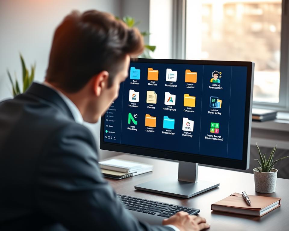 A modern workspace featuring a sleek computer interface showcasing a document storage software application, with vivid icons representing folders, files, and organizational tools prominently displayed on the screen. In the foreground, a business professional in a smart outfit is focused on the monitor, emphasizing productivity and efficiency. The middle ground includes a tidy office environment with a stylish desk, a potted plant, and notebooks, conveying a sense of order. The background is softly blurred, highlighting natural light coming through a window, casting a warm glow across the scene. The overall mood is professional, inspiring, and innovative, perfect for illustrating effective document management solutions. A modern workspace featuring a sleek computer interface showcasing a document storage software application, with vivid icons representing folders, files, and organizational tools prominently displayed on the screen. In the foreground, a business professional in a smart outfit is focused on the monitor, emphasizing productivity and efficiency. The middle ground includes a tidy office environment with a stylish desk, a potted plant, and notebooks, conveying a sense of order. The background is softly blurred, highlighting natural light coming through a window, casting a warm glow across the scene. The overall mood is professional, inspiring, and innovative, perfect for illustrating effective document management solutions.
