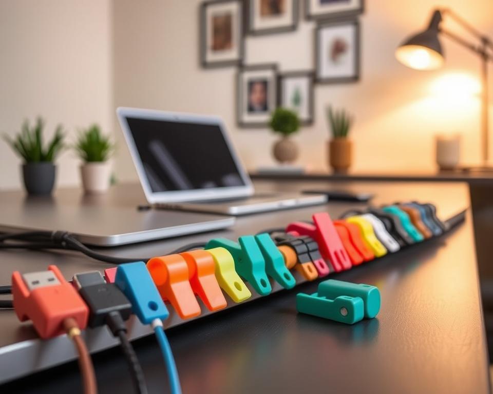 A neat array of colorful cable clips organized along the edge of a sleek desk, showcasing various designs and sizes, from simple plastic clips to more decorative options. In the foreground, close-up details highlight the texture and functionality of the clips as they securely fasten different cables like charging cords and audio wires. The middle ground features a minimalist workspace setup, complete with a modern laptop, a potted plant, and a stylish desk lamp casting soft, warm lighting. The background reveals a lightly blurred wall with tasteful decor, creating a calm and organized atmosphere. The overall mood is clean, efficient, and aesthetically pleasing, inviting viewers to embrace cable organization. The image is well-lit, captured from a slight top-down angle to emphasize the arrangement.