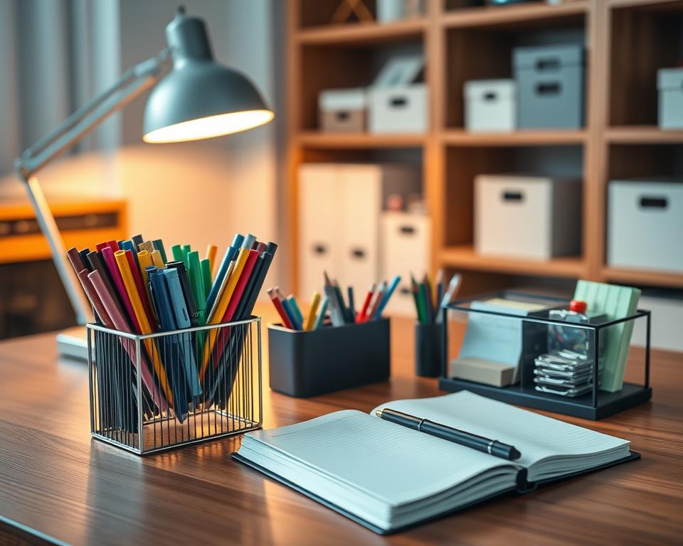 A neatly organized desk setup highlighting innovative storage solutions for writing instruments. In the foreground, an elegant wooden desk features a modern pen holder with an assortment of colorful pens, markers, and pencils arranged by size and color. A stylish leather notebook lies open next to a minimalist desk organizer filled with sticky notes and paper clips. In the middle ground, a bright desk lamp casts warm light, illuminating the workspace with a cozy feel. The background shows a soft-focus bookshelf filled with neatly arranged books and decorative storage boxes, adding depth to the scene. The overall atmosphere conveys productivity and creativity, captured with a soft focus lens to enhance the inviting ambiance. The image should exude a clean, professional look, free of clutter.