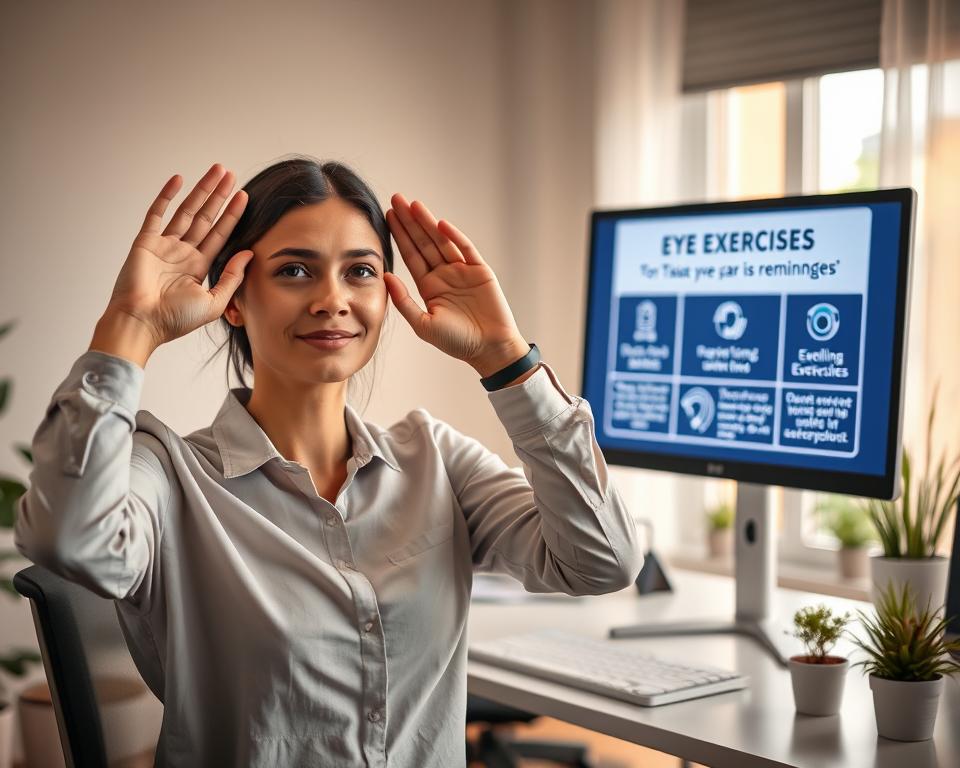 A serene and focused workspace environment showcasing effective eye exercises for computer users. In the foreground, a professional wearing modest casual attire performs eye exercises, such as palming and eye rolling, with a calm expression. In the middle ground, a sleek computer monitor displays reminders for proper eye care, while an ergonomic chair and desk with plants add to the setting. The background features soft, natural light filtering through a nearby window, creating a warm and inviting atmosphere. The scene captures a sense of relaxation and healthy habits, emphasizing the importance of eye care for those who spend long hours at a computer. The overall tone is tranquil and engaging, promoting a proactive approach to vision health.