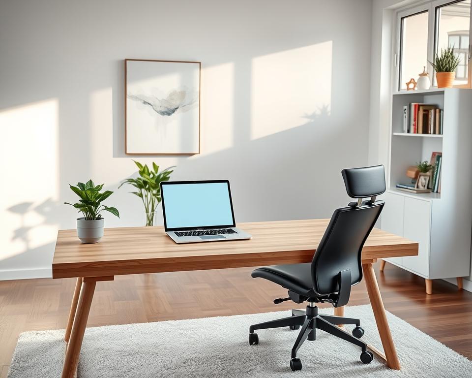 A serene and organized distraction-free workspace, featuring a sleek, minimalistic desk made of light wood with a single potted plant to the side. In the foreground, a high-quality laptop is open, displaying a clean desktop environment. The middle ground includes a stylish ergonomic chair, and a soft, neutral rug underneath. The background showcases a well-lit room with large windows allowing ample natural light to flood in, creating a warm and inviting atmosphere. Subtle decorative elements such as a calming abstract painting on the wall and a small bookshelf filled with neatly arranged books enhance the scene. The overall mood conveys tranquility and focus, with soft, diffuse lighting that highlights the clean lines and uncluttered surfaces of the workspace. No people are present in the scene.