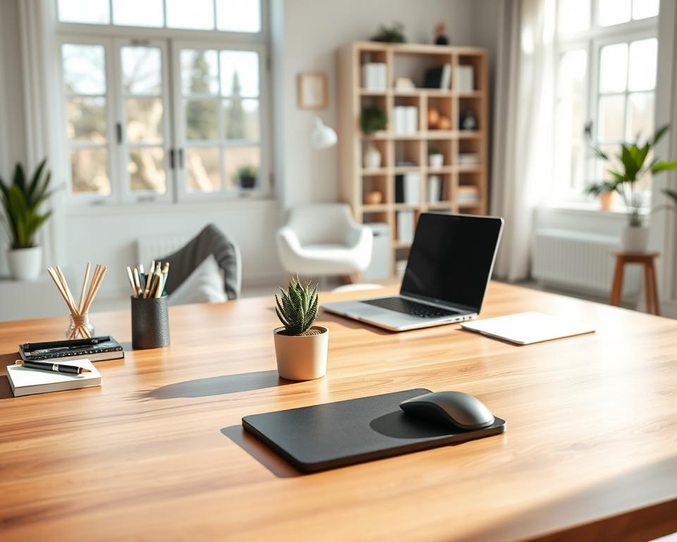 A sleek, modern desk setup designed for efficiency, featuring a minimalist aesthetic. In the foreground, a polished wooden desk is adorned with a stylish, organized collection of stationery, a high-quality laptop, and a small potted succulent for a touch of greenery. On the desk, a wireless charging pad and ergonomic mouse complement the workspace. The middle ground showcases a light, airy room with large windows allowing natural sunlight to flood in, highlighting a soft color palette of whites and greys. In the background, a neatly organized bookshelf with minimalist design elements and a cozy chair invite productivity. The atmosphere conveys calmness and efficiency, evoking a sense of clarity and focus. Soft shadows enhance the overall depth of the scene.