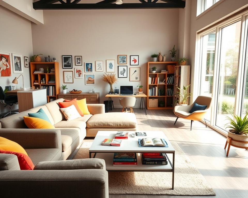 A spacious, modern multi-purpose family room filled with natural light streaming through large windows. In the foreground, a comfortable sectional sofa adorned with colorful throw pillows invites relaxation. A sleek coffee table sits in front of the sofa, adorned with a few family-friendly board games. In the middle area, a creative workspace with a sturdy desk features a laptop and stationery, complemented by a cozy reading nook with an armchair and bookshelves filled with books. The background showcases playful wall art, family photos, and plants, enhancing the room’s warmth. Soft, ambient lighting casts a welcoming glow, creating an inviting atmosphere perfect for family gatherings or quiet time. Capture the scene from a slightly elevated angle to showcase the room’s layout and versatility.