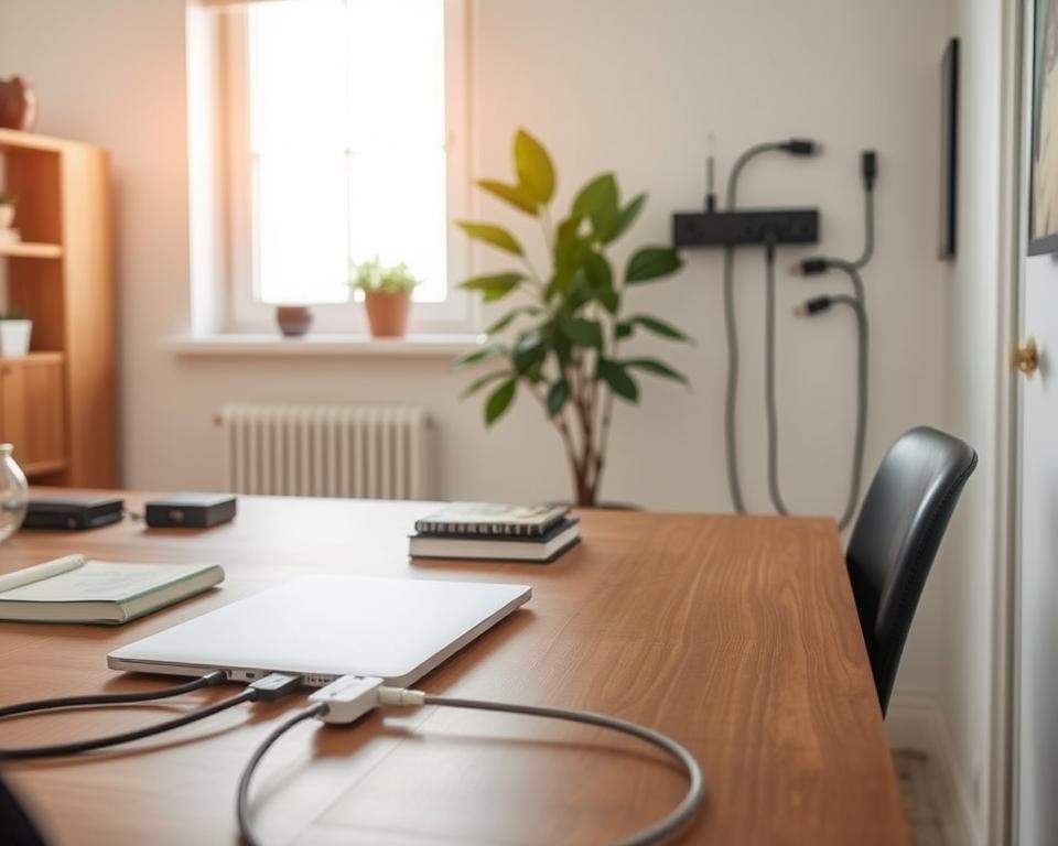 A tidy home office workspace featuring elegant cord organization solutions. In the foreground, a stylish desktop adorned with a sleek laptop, books, and decorative items, all while neatly organized cords are secured and routed under a wooden desk using cable clips and sleeves. In the middle, a wall-mounted cable management system showcases extensions and connectors, skillfully hidden, enhancing the aesthetic. In the background, soft natural light filters in through a window, casting a warm glow. A potted plant adds a touch of greenery, contributing to a calm and inviting atmosphere. The scene captures a harmonious blend of function and design, promoting an organized workspace without clutter.