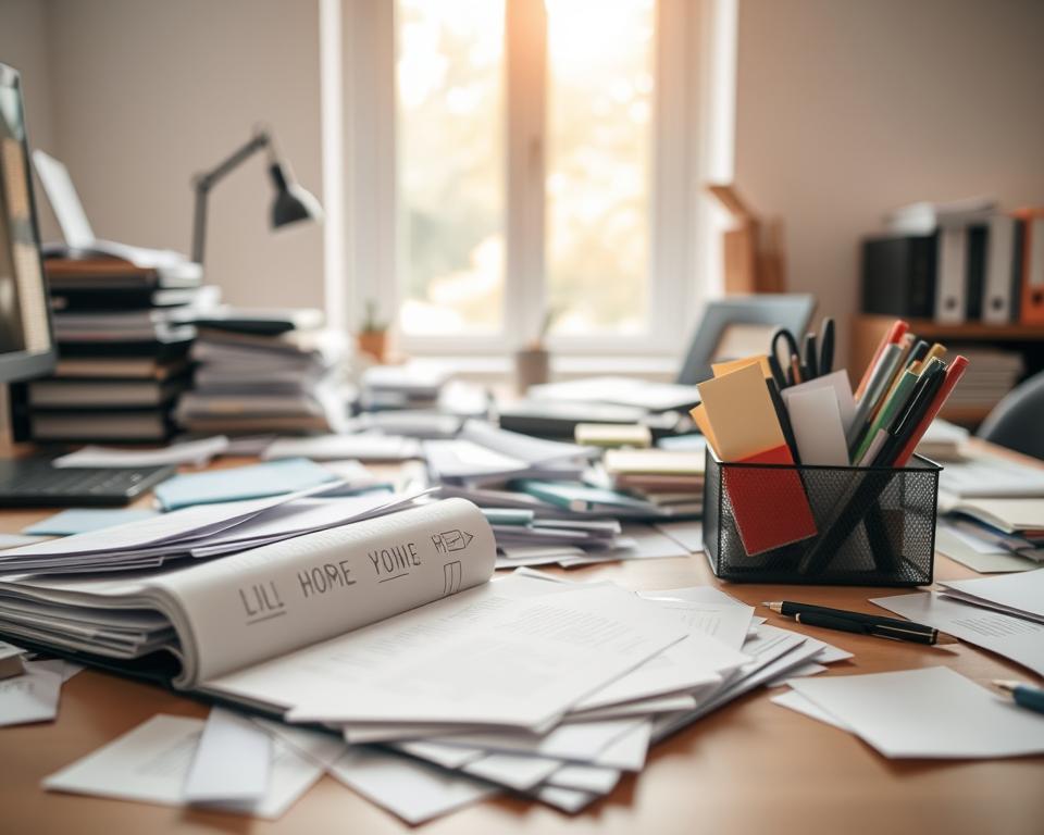 A tidy office desk cluttered with various papers, notes, and stationery scattered across the surface, showcasing the challenge of decluttering. In the foreground, an open folder with neatly organized documents contrasts with a chaotic pile of unfiled papers. The middle ground features a stylish desk organizer filled with pens and sticky notes, symbolizing the tools for overcoming resistance. In the background, a soft-focus window lets in warm, natural light that bathes the scene, creating a calm and inviting atmosphere. The overall mood is one of motivation and clarity, encouraging productivity through effective paper organization. The perspective is a slightly elevated angle, capturing the entire workspace and emphasizing the need for decluttering.
