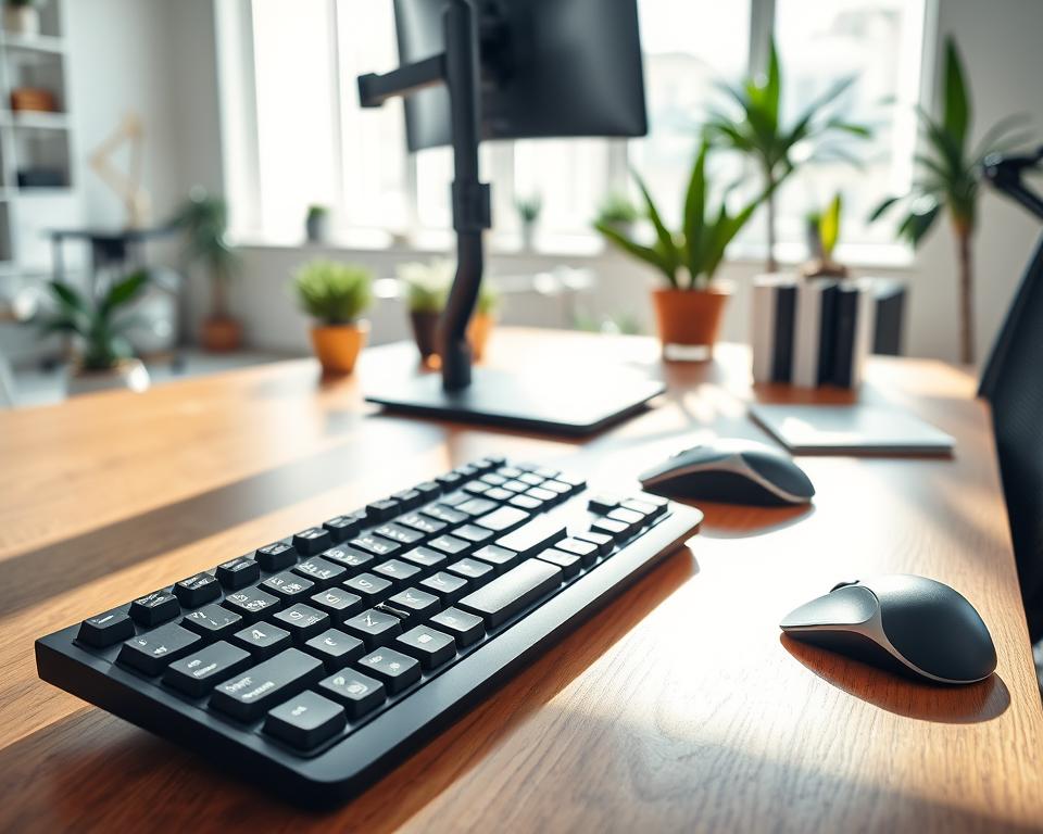 A well-organized ergonomic keyboard and mouse setup on a sleek wooden desk, featuring a split keyboard with a soft wrist rest and a vertical ergonomic mouse. In the foreground, the keyboard and mouse are angled for optimal comfort, with natural sunlight casting soft shadows, highlighting their details. In the middle ground, an adjustable monitor is positioned at eye level with an aesthetically pleasing backdrop of plants and office accessories, creating a harmonious workspace. The background shows a modern office environment, with neutral colors and natural light flooding the room, enhancing the mood of productivity and comfort. The overall atmosphere should evoke a sense of focus and tranquility, perfect for maintaining ergonomic practices at a desk.