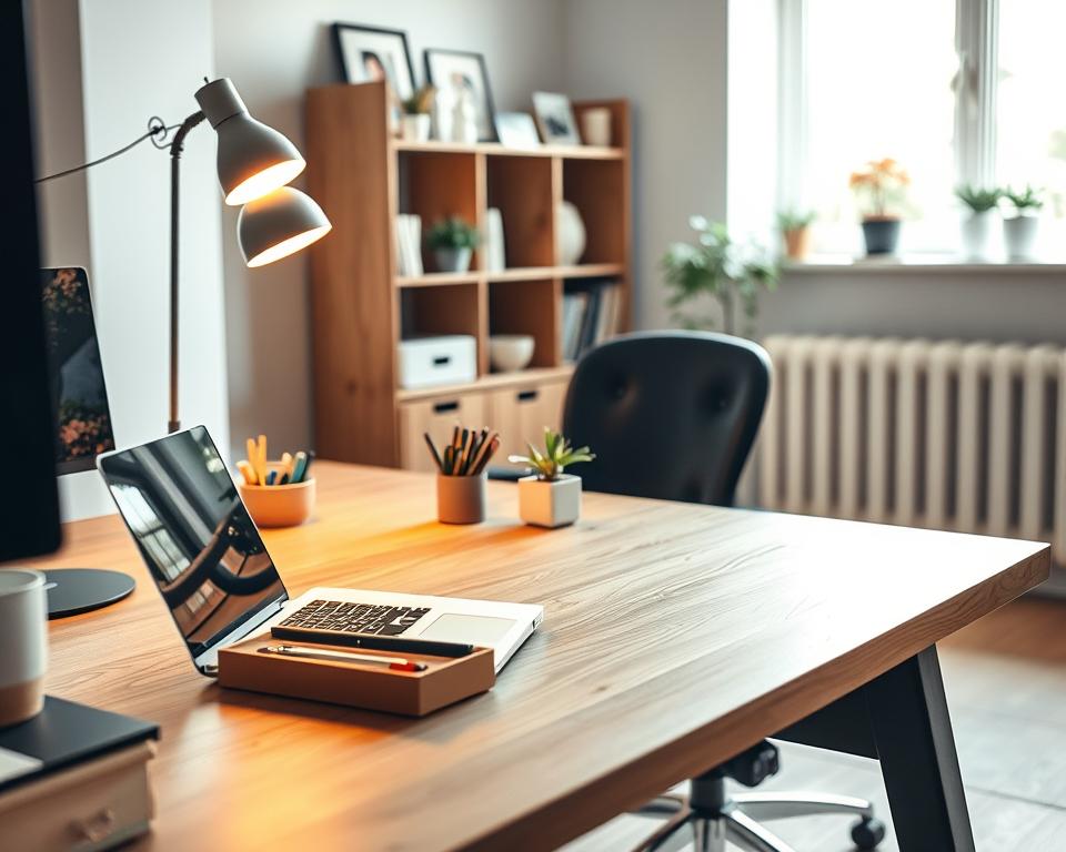 A well-organized home office workspace designed for efficiency, featuring a bright, inviting atmosphere. In the foreground, a modern wooden desk is neatly arranged with a laptop, a stylish desk lamp casting warm light, and various stationery items contained within elegant organizers. The middle ground includes a comfortable, ergonomic office chair alongside a small plant for a touch of greenery. In the background, a shelf displays neatly arranged books and personal decor, adding character without clutter. Soft natural light filters through a nearby window, creating a calming ambiance. The scene is viewed from a slight angle to capture depth, emphasizing a harmonious blend of functionality and aesthetics in an inspiring workspace.