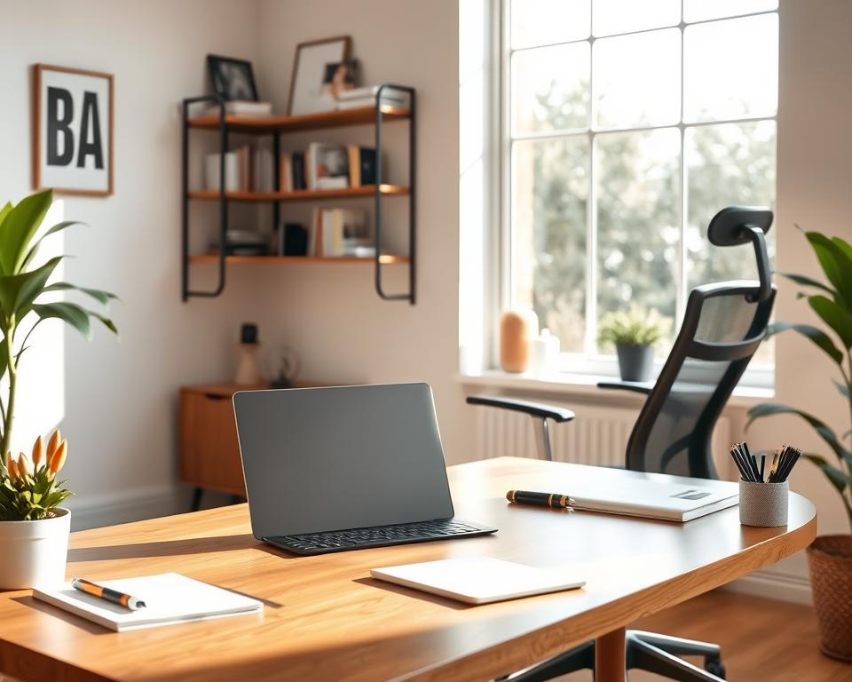 A well-organized workspace featuring a stylish wooden desk and ergonomic chair in an inviting home office setting. In the foreground, neatly arranged stationery, a potted plant, and a laptop with minimal distractions create a functional atmosphere. The middle layer showcases a wall-mounted shelf filled with books and decorative items to inspire creativity. In the background, a large window allows natural light to flood the room, enhancing a calm and focused mood. Soft shadows are cast across the desk, emphasizing cleanliness and order. The scene is set at a slightly angled perspective, capturing both the desk and the natural light source, while the color palette includes warm tones to evoke a sense of comfort and productivity without clutter. A well-organized workspace featuring a stylish wooden desk and ergonomic chair in an inviting home office setting. In the foreground, neatly arranged stationery, a potted plant, and a laptop with minimal distractions create a functional atmosphere. The middle layer showcases a wall-mounted shelf filled with books and decorative items to inspire creativity. In the background, a large window allows natural light to flood the room, enhancing a calm and focused mood. Soft shadows are cast across the desk, emphasizing cleanliness and order. The scene is set at a slightly angled perspective, capturing both the desk and the natural light source, while the color palette includes warm tones to evoke a sense of comfort and productivity without clutter.