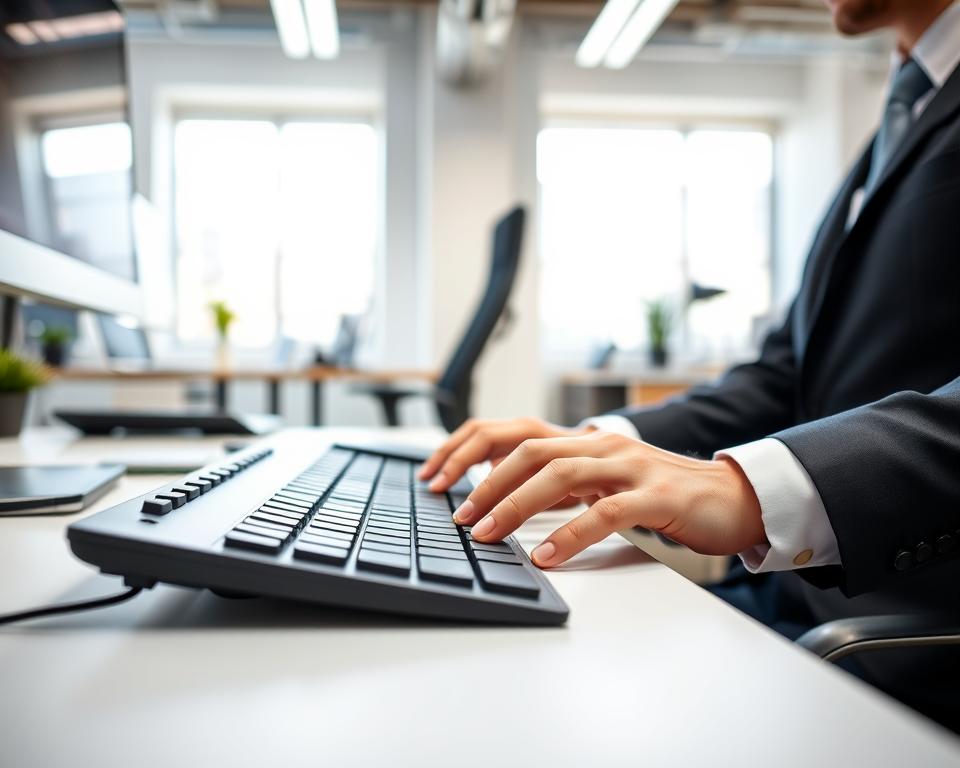 A well-organized workspace showcasing effective typing ergonomics, featuring a modern desk setup. In the foreground, a sleek ergonomic keyboard positioned at a positive angle, with a user's hands resting comfortably on it, fingers poised over the keys. The user is dressed in professional business attire, emphasizing a composed and focused posture. In the middle ground, an adjustable chair aligns with the desk height, with a soft cushion for lumbar support. In the background, a softly lit office environment with natural light filtering through a window, illuminating the space with a warm glow. The overall mood is calm and organized, promoting a sense of productivity and comfort. Use a shallow depth of field to emphasize the keyboard and hands, while the background remains slightly blurred.