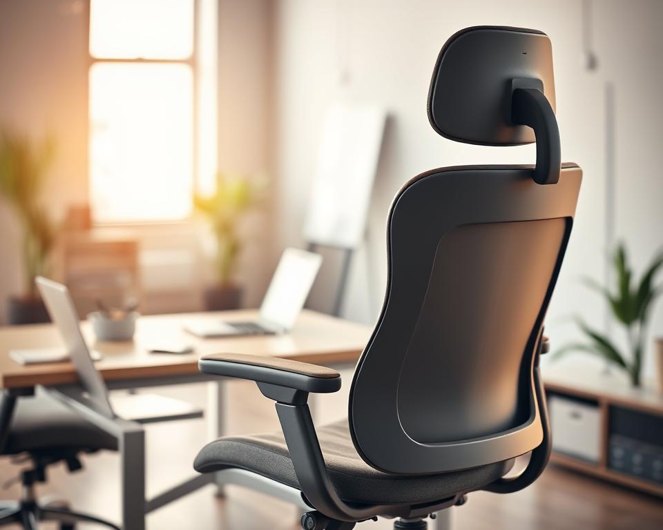 An ergonomic office chair designed for optimal comfort and support, showcasing its adjustable features and soft cushioning. In the foreground, the chair is positioned slightly to the right, highlighting its contoured backrest and lumbar support. The middle ground includes a stylish, modern office desk with a sleek laptop and stationery. The background features a softly lit office space with warm, natural light filtering through a window, casting gentle shadows. The atmosphere is professional and inviting, emphasizing a productive work environment. The image is captured at a slight angle to enhance depth, using a soft focus on the chair to draw attention to its details. The overall mood reflects an idea of efficiency and wellbeing.