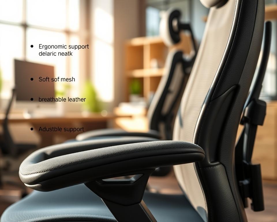 An ergonomic office chair featuring various textures and materials, such as soft fabric, breathable mesh, high-quality leather, and padded supports. In the foreground, showcase a close-up of the chair's seat cushion and armrest, highlighting the stitching and ergonomic contours. The middle ground depicts the chair's back support with an emphasis on adjustable features, while the background is a softly blurred office setting with a warm, inviting ambiance. Natural light from a nearby window casts gentle shadows, enhancing the details of the materials. The mood is professional yet comfortable, emphasizing the importance of choosing the right materials for ergonomic support.