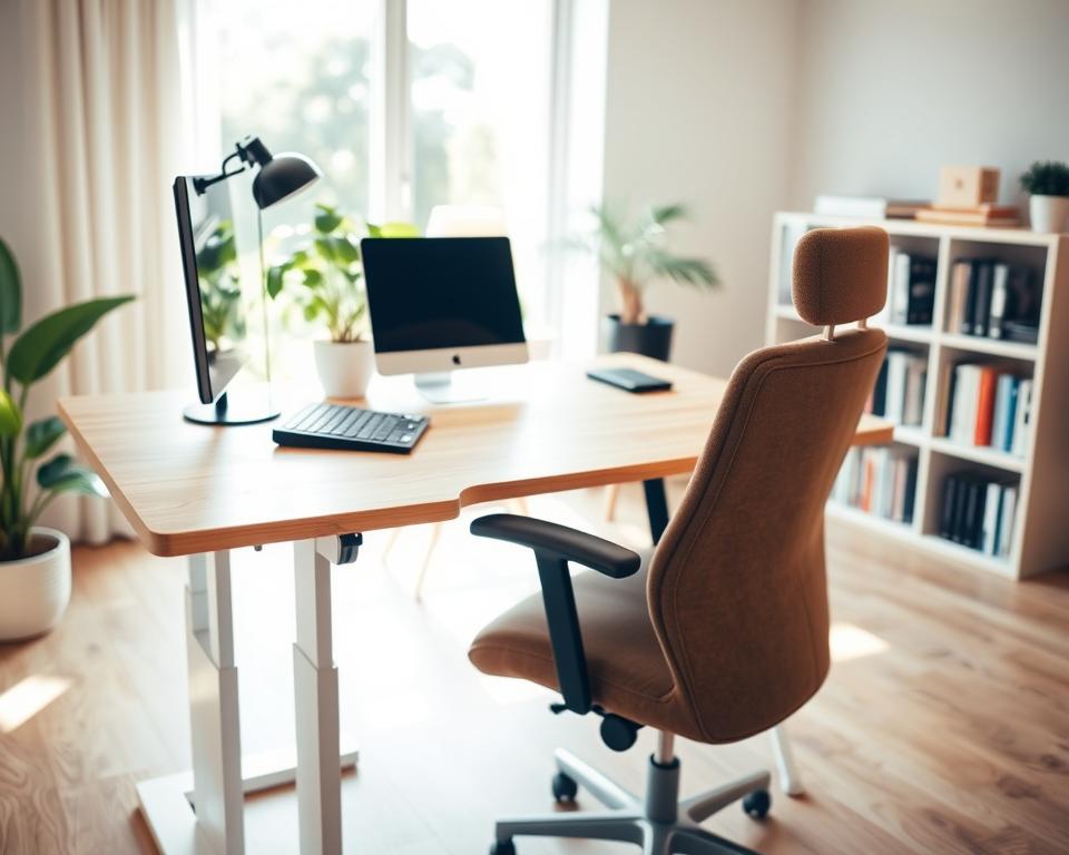 An inviting home office scene featuring a modern adjustable height desk prominently in the foreground. The desk is made of light wood, showcasing its adjustable mechanism with a sleek control panel. A stylish ergonomic chair in rich fabric sits beside it. In the middle ground, a laptop and a potted plant add a touch of life. Bright natural light filters in through a large window, creating a warm and productive atmosphere. In the background, a neatly organized bookshelf and soft, muted wall colors contribute to a professional yet cozy vibe. The angle captures the desk at eye level to emphasize its height adjustment feature, encouraging a sense of dynamism and versatility in the workspace.